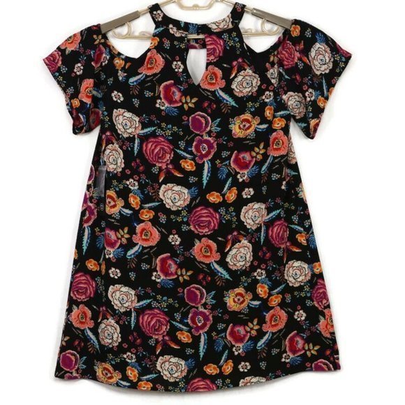 As U Wish Cold Shoulder Dress‎ Black Pink Floral Keyhole L Large - Picture 2 of 12